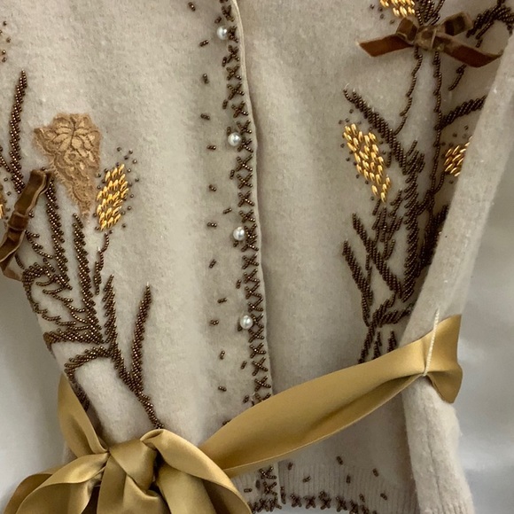 Tan Cardigan Sweater with Beaded Wheat Pattern and Lace Appliqués, Tie Belt (S) - Picture 2 of 15